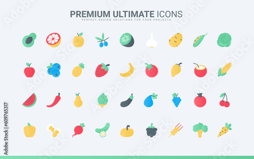 Organic healthy farm food for healthy nutrition, fresh apple and orange, banana and cherry berry, carrot and potato for cooking. Fruit and vegetable trendy flat icons set vector illustration