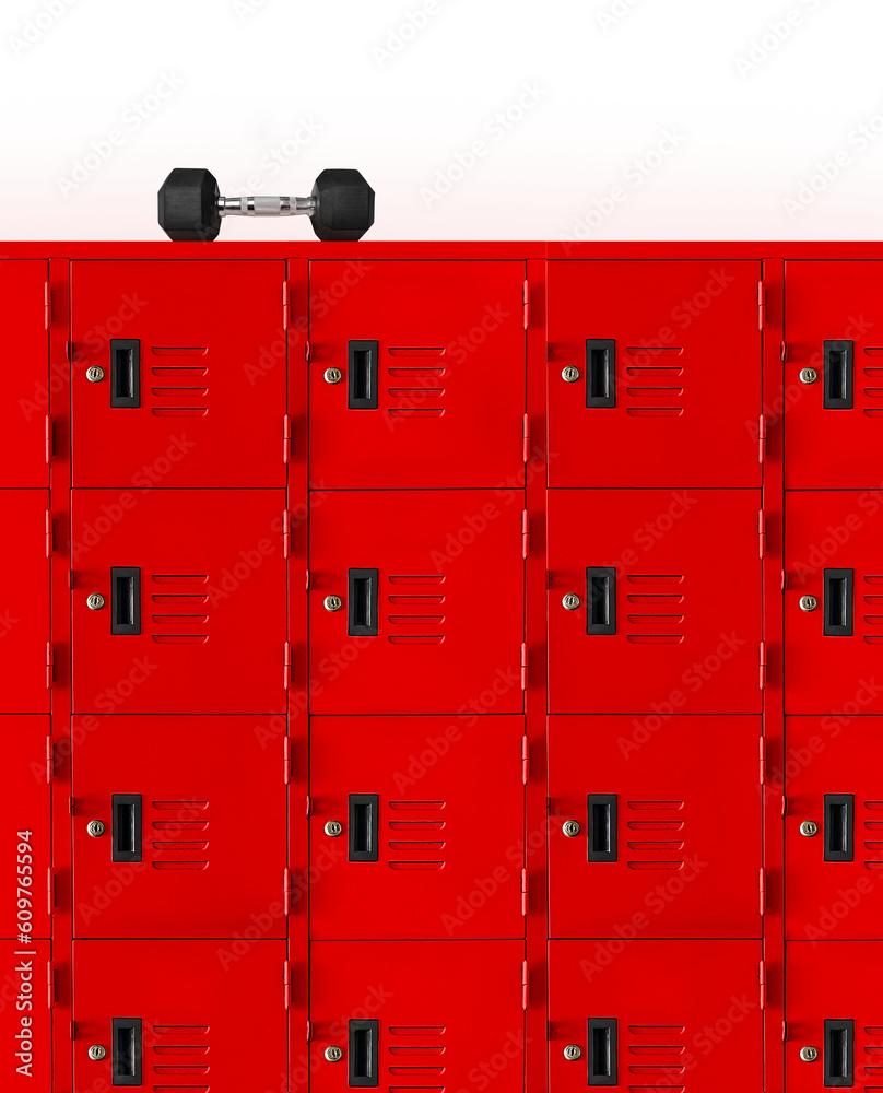 Dumbbells on red lockers inside the gym PNG transparent