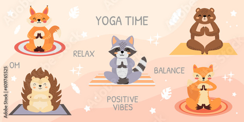 Vector set of forest animals doing yoga. Raccoon, fox, squirrel, bear, hedgehog. Meditation set with animals. Cute animals in cartoon style. Animals isolated on pink background. Yoga time.