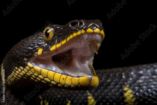 Close-up of a wild black yellow snake with open mouth isolated on flat black background with copy space. Creative wallpaper with an exotic poisonous animal. Generative AI professional photo imitation.