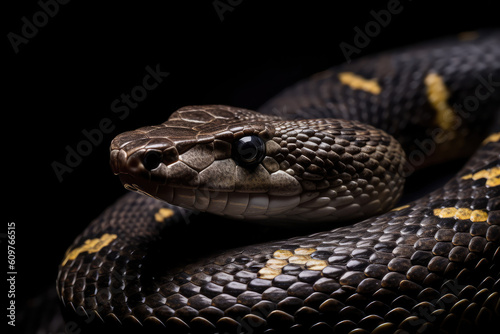 Close up of a wild black yellow snake isolated on a flat black background with copy space. Creative wallpaper with an exotic poisonous animal. Generative AI professional photo imitation.