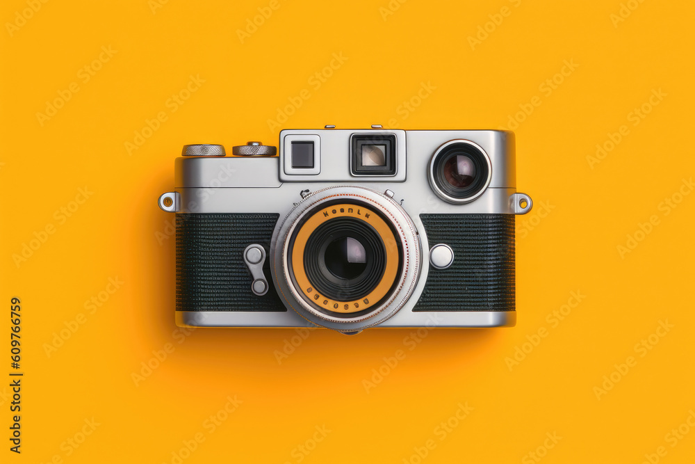 vintage photo camera on yellow background