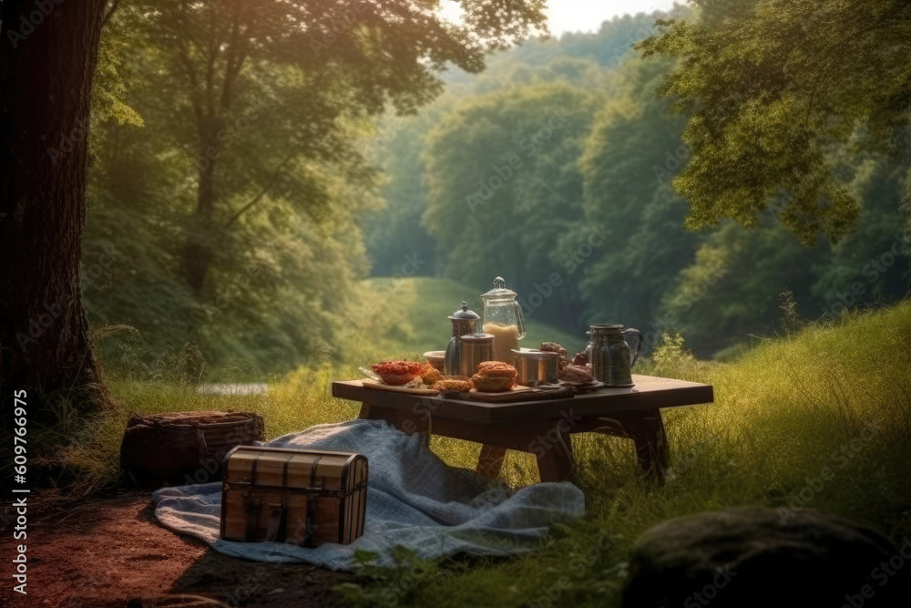 photo of picnic on the forrest view Generated AI photo of picnic on the forrest view Generated AI