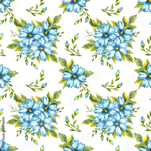 Watercolor illustration of a pattern of blue flowers with buds. Colors indigo, cobalt, sky blue and classic blue. Great pattern for kitchen, home decor, stationery, wedding invitations and clothes