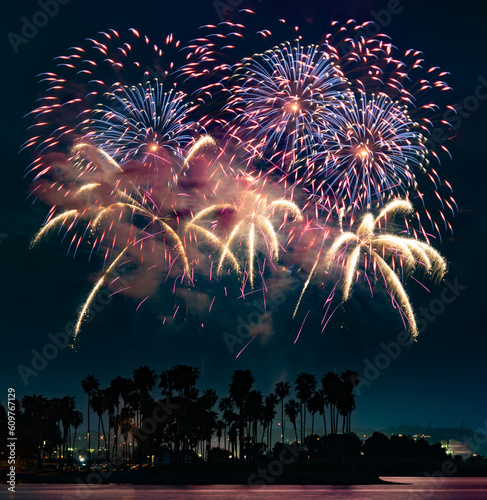 Blue, yellow and white fireworks streak above the palm trees.  The fireworks reflect off the waters.