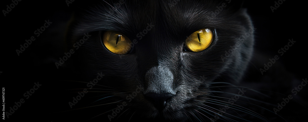 A striking close-up of a black cat with yellow eyes, appearing almost otherworldly against a dark background. Is AI Generative.