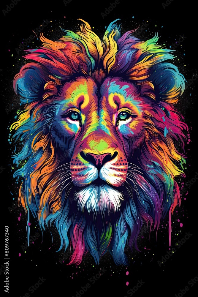 Lion Head Portrait. Colorful illustration of the King of the Jungle. Engaging eye-contact. Generative AI.