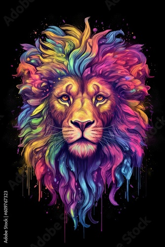 Beautiful Lion King. Colourful and energetic illustration of a Lion. Generative AI.