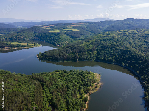 Aerial spring view of Topolnitsa Reservoir, Bulgaria