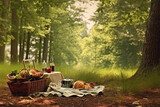 photo of picnic on the forrest view Generated AI