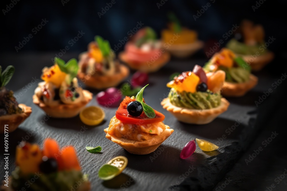 assortment of small ones. canapés with fruit and meat or fish filling on a wooden table. buffet. generative AI assortment of small ones. canapés with fruit and meat or fish filling on a wooden table. buffet. generative AI
