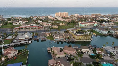 Aerial views from over South Padre Island and Laguna Madre at sunset. 