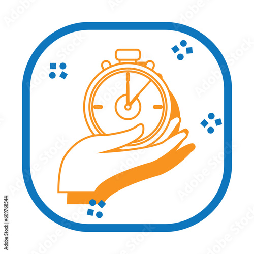 Vector image of a hand holding a stopwatch with a white background inside a box with a blue border