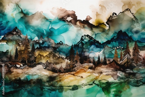 abstract background image ink painting mountain landscape. Generative AI