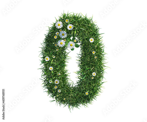 green grass 3d font number zero, cut out plants including grass and daisy flower