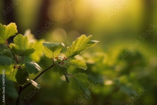 abstract background green young spring leaves on the blurred background of the park.copy space.Generative AI