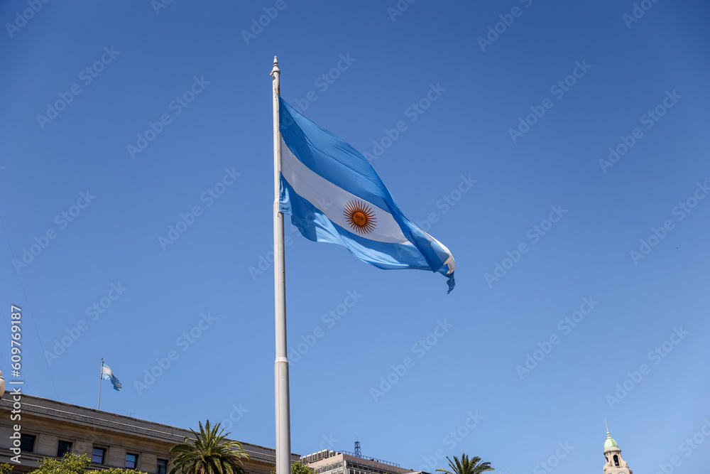 Buenos Aires, Argentina - December 21, 2022: The Argentina flag flying in Buenos Aires Argentina.