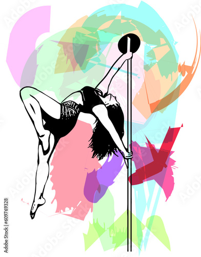 Silhouette of girl and pole. Pole dance illustration for fitness, striptease dancers, exotic dance