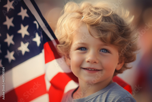 Happy boy on the background of the waving USA flag.Country patriot. Generative AI