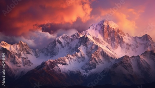 mountain range at dusk with dramatic clouds. Generative ai © Nob