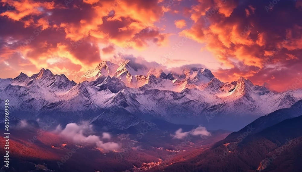 mountain range at dusk with dramatic clouds. Generative ai mountain range at dusk with dramatic clouds. Generative ai
