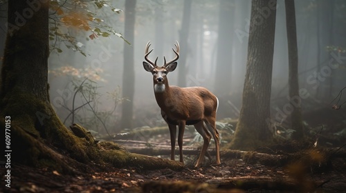 A buck in the foggy forest. Generative AI.  © Elle Arden 
