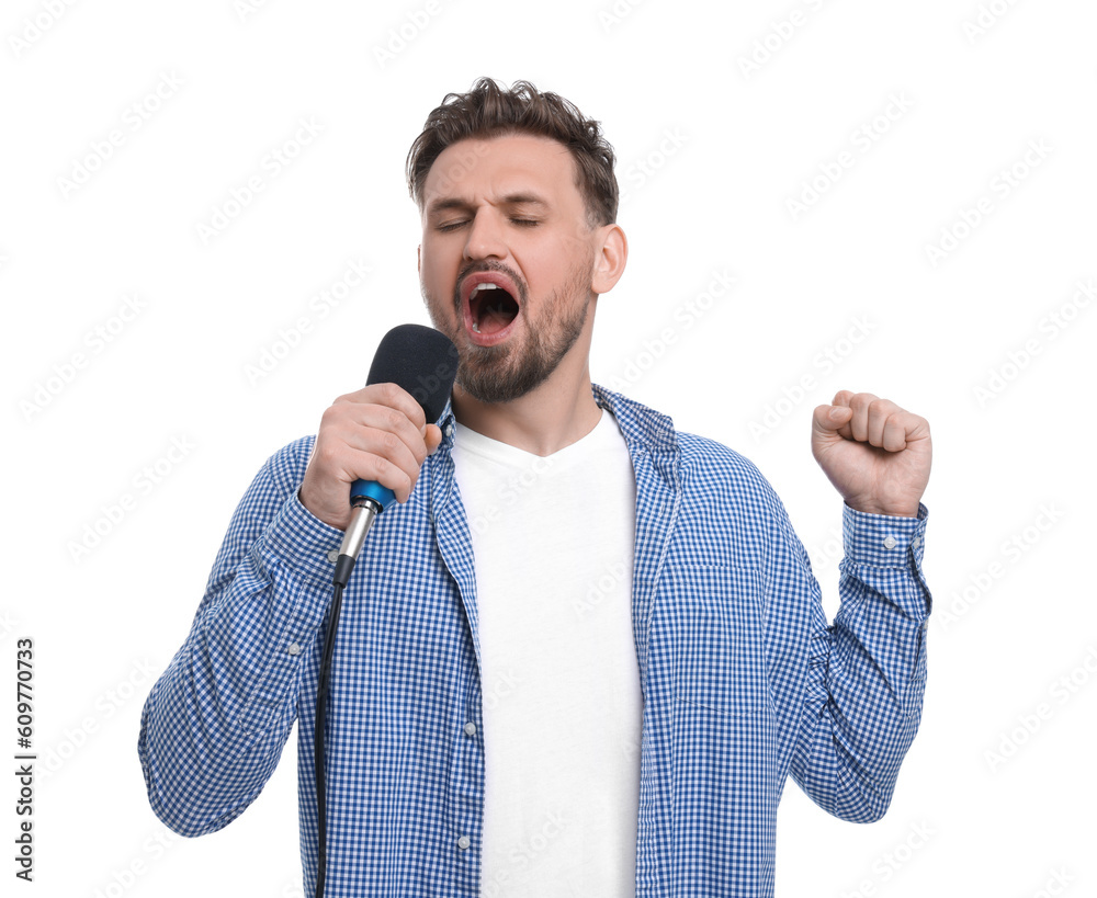 Handsome man with microphone singing on white background Handsome man with microphone singing on white background