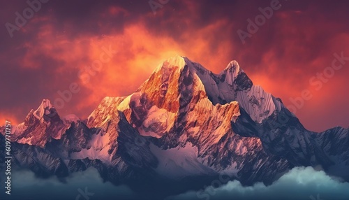 mountain range at dusk with dramatic clouds. Generative ai © Nob