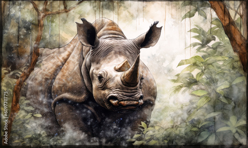  Rhinoceros Watercolor Painting Inspired by Japanese Block Print Style. Generative AI