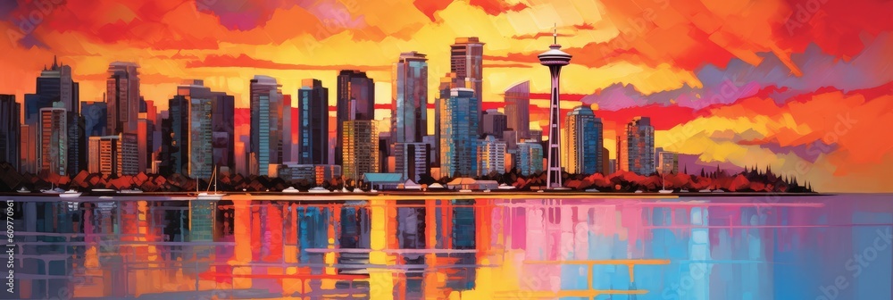 Naklejka premium city at sunset digital artwork painting 