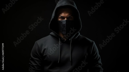 Man in a black hooded sweatshirt with a mask on Dark background. Generative AI