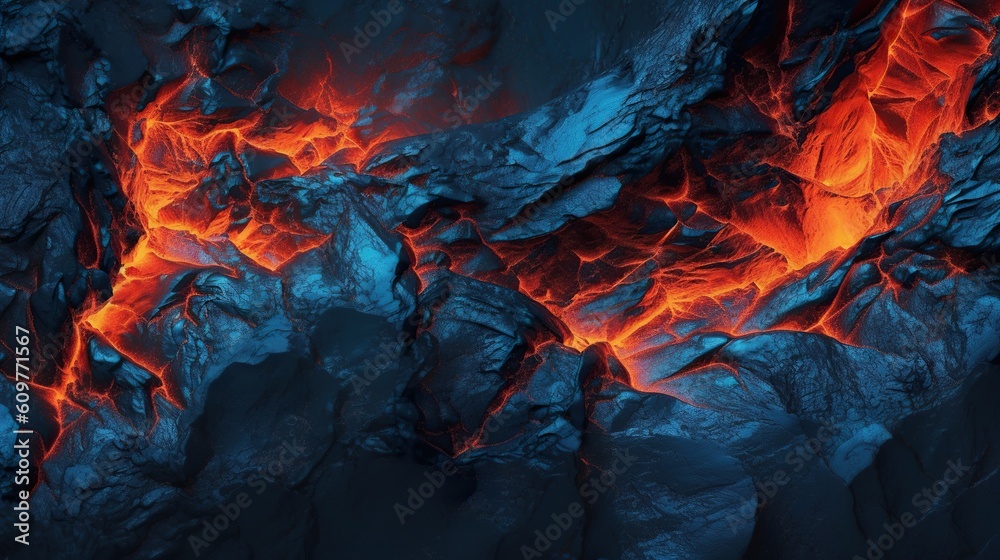Red lava flow from volcanic ground on melted dark blue background. Generative AI Red lava flow from volcanic ground on melted dark blue background. Generative AI