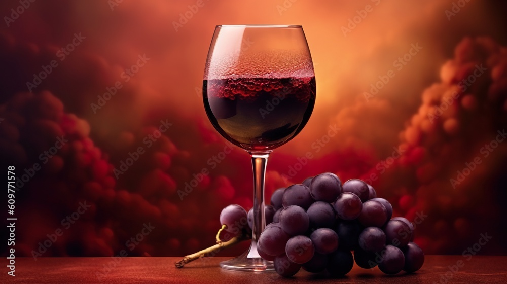 Red wine glass on table with grapes. Generative AI