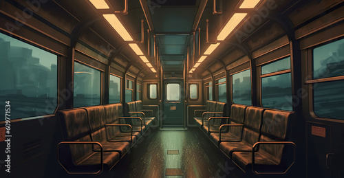 Empty interior of the train in lo-fi style. Generative AI