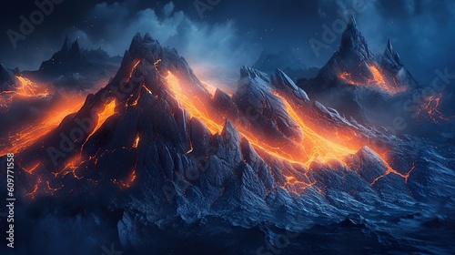 Volcanic mountains with red molten lava on night dark blue background. Generative AI