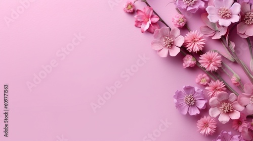 Bouquet of pink flower top view pastel background. Generative AI © Margaryta