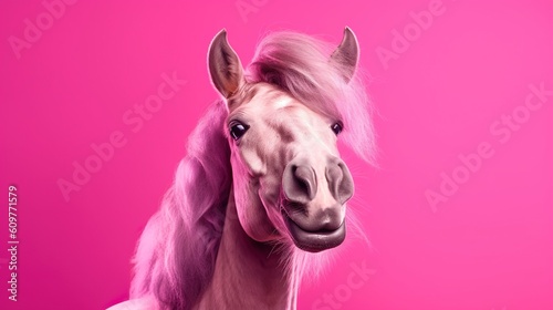 Beautiful white pony or horse on pink background. Generative AI © Margaryta
