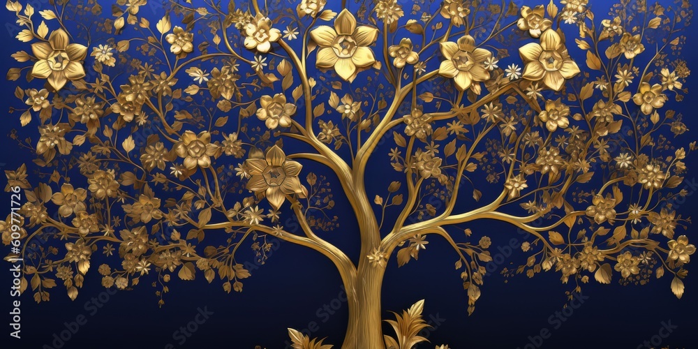 Blue wallpaper with golden tree abstraction for interior mural wall art decor. Ai Generative AI