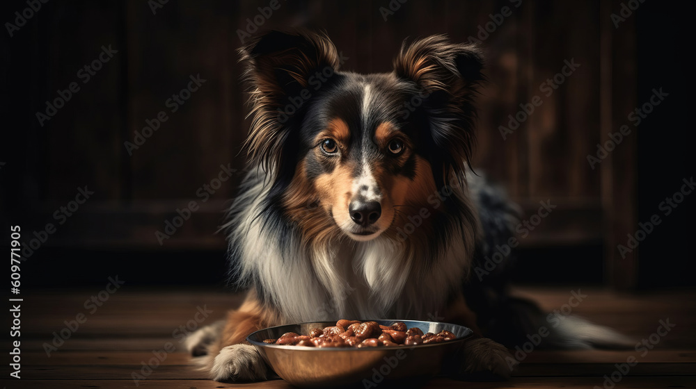Cute dog eating at home. Adorable pet. Created with Generative AI technology. Cute dog eating at home. Adorable pet. Created with Generative AI technology.
