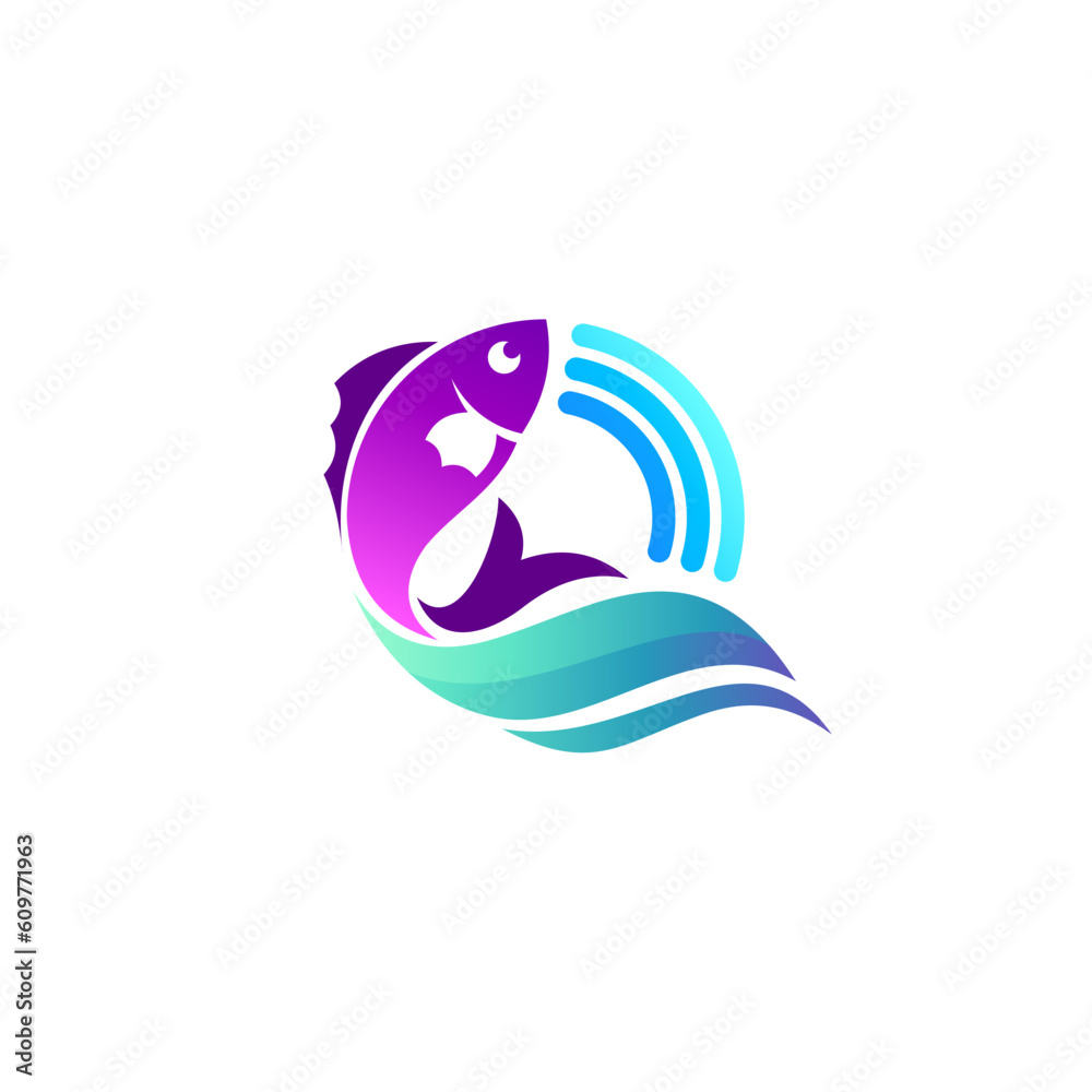 Naklejka premium Fish and wave design combination, seafood logo template