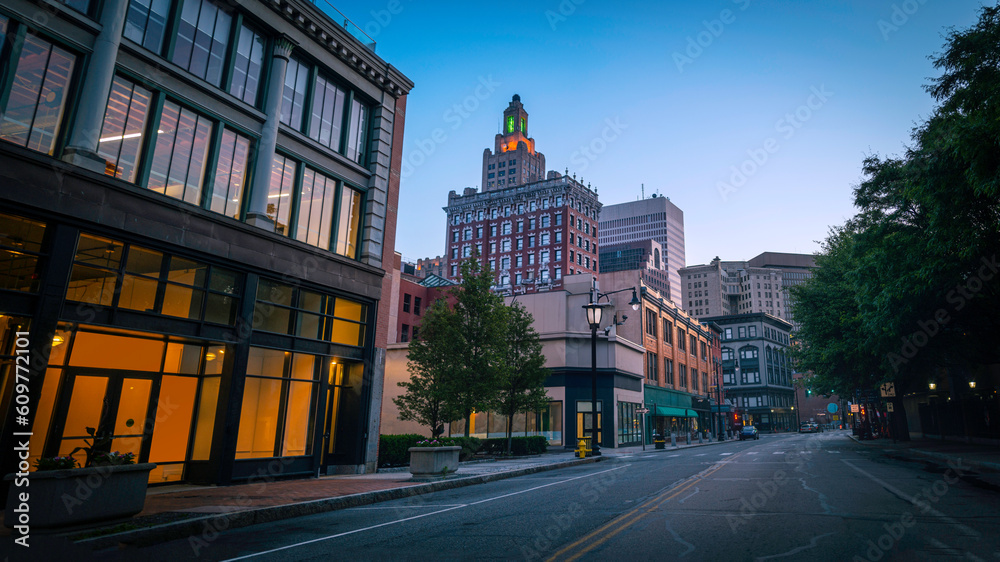 Providence City downtown skyline and buildings in Rhode Island, sunrise cityscape