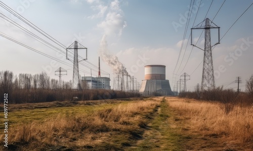 Nuclear power plant with yellow spikelet field and blue clouds made with generative AI