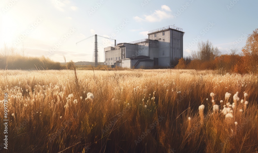 Nuclear power plant with yellow spikelet field and blue clouds made with generative AI