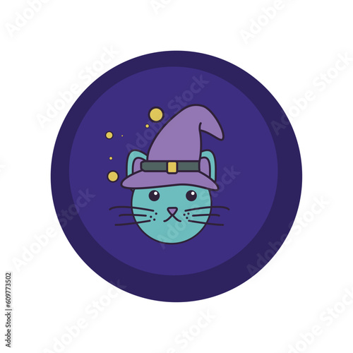 vector icons of a cat in a hat with purple background and blue border