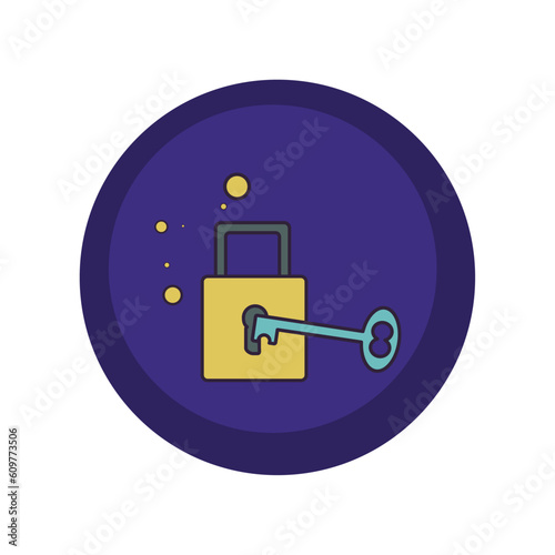 vector icons of a key opening a padlock with purple background and blue border