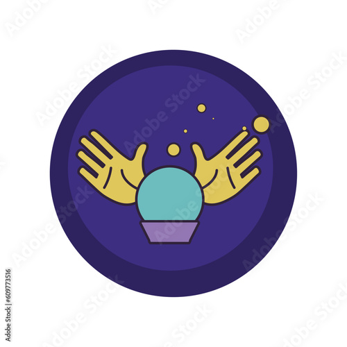 vector icons of a crystal ball with 2 hands with purple background and blue border