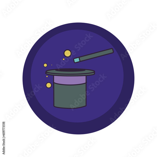 vector icons of a hat with a magic wand with a purple background and blue border