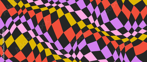 Colorful distorted checkerboard background. Purple red yellow pink psychedelic checkered wallpaper. Wavy groovy chessboard surface. Trippy twisted geometric pattern. Abstract retro vector backdrop