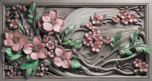 Fototapeta Naklejka Na Ścianę i Meble -  Painted wood plank carving, framed floral design with carved gray wood branches, green leaves, and pink flowers. Abstract illustration created with Generative AI technology.