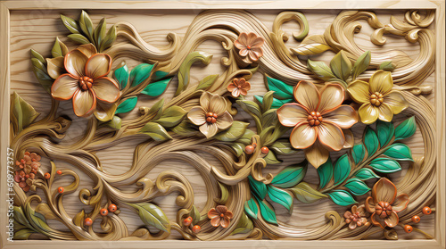 Fototapeta Naklejka Na Ścianę i Meble -  Painted wood plank carving, framed floral design with carved wood branches, leaves, and flowers. Abstract illustration created with Generative AI technology.